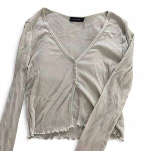 Glassons babydoll sage green lettuce hem long sleeve cut out top V-neck button M